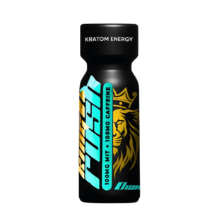 Black King K Rush Kratom Energy Diamond bottle with gold lion logo and light blue accent text labeled 100mg Mitragynine and 100mg Caffeine Kratom Energy blend.