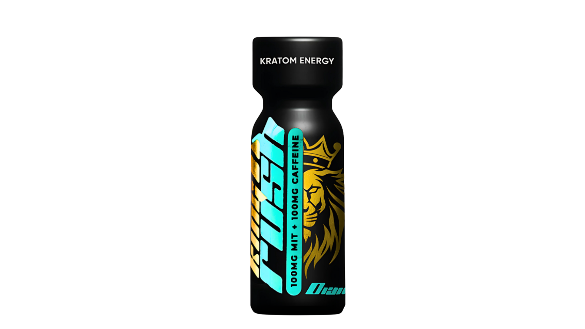 Black King K Rush Kratom Energy Diamond bottle with gold lion logo and light blue accent text labeled 100mg Mitragynine and 100mg Caffeine Kratom Energy blend.