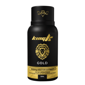 Black 30ml King K Gold Kratom Extract bottle with gold lion logo featuring 1000mg Kratom Extract and 300mg Mitragynine enhanced with black pepper extract.
