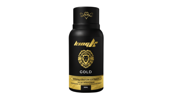 Black 30ml King K Gold Kratom Extract bottle with gold lion logo featuring 1000mg Kratom Extract and 300mg Mitragynine enhanced with black pepper extract.