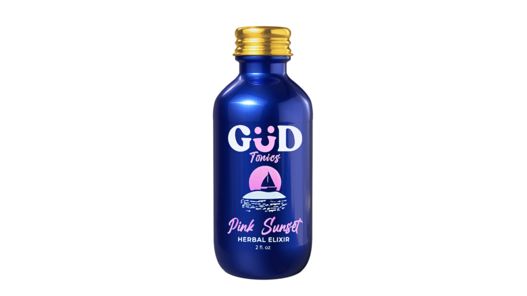 Blue 2oz Kava Tonics Pink Sunset Herbal Elixir bottle with gold cap, pink and white sunset sailboat design, cherry-strawberry-lemon flavor blend.