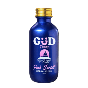 Blue 2oz Kava Tonics Pink Sunset Herbal Elixir bottle with gold cap, pink and white sunset sailboat design, cherry-strawberry-lemon flavor blend.