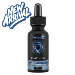 Black 30ml King K Platinum Kratom Extract bottle with dropper top blue lion logo labeled 1667mg Kratom Extract 500mg Mitragynine New Arrival.